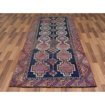 Overdyed & Vintage Worn Wool Hand Knotted Rug Blue Purple 4.0X9.3 -O057887