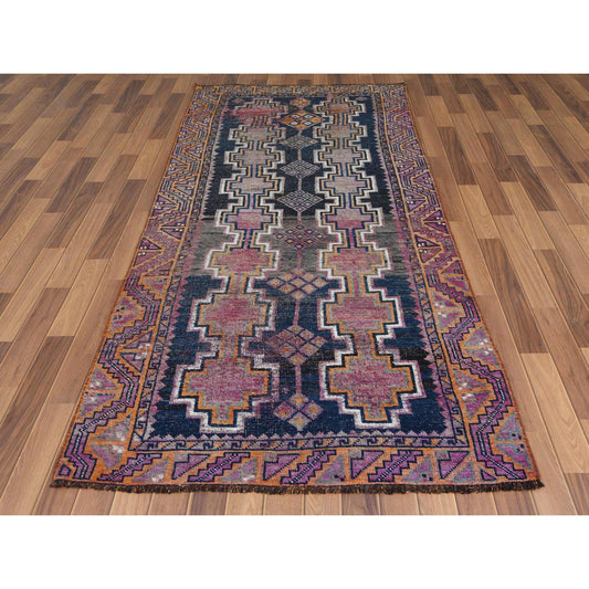 Overdyed & Vintage Worn Wool Hand Knotted Rug Blue Purple 4.0X9.3 -O057887