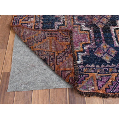 Overdyed & Vintage Worn Wool Hand Knotted Rug Blue Purple 4.0X9.3 -O057887