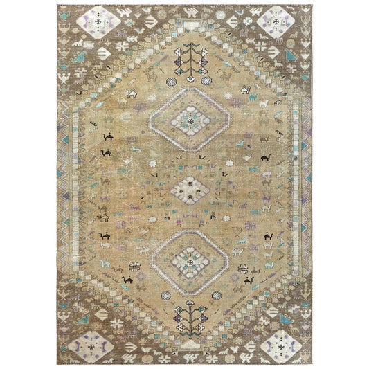 Overdyed & Vintage Worn Wool Hand Knotted Rug Beige No Border 6.1X9.0 -O057923