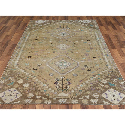 Overdyed & Vintage Worn Wool Hand Knotted Rug Beige No Border 6.1X9.0 -O057923