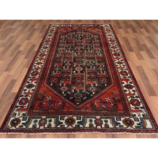 Overdyed & Vintage Worn Wool Hand Knotted Rug Red Ivory 5.0X9.10 -O057980