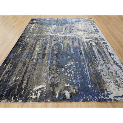 Modern and Contemporary Wool & Silk Hand Knotted Rug Blue No Border  9.9X13.9 -O058014