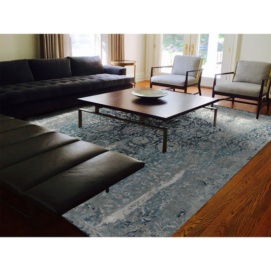Transitional Wool & Silk Hand Knotted Rug Blue No Border  12.2X12.2 -O058016
