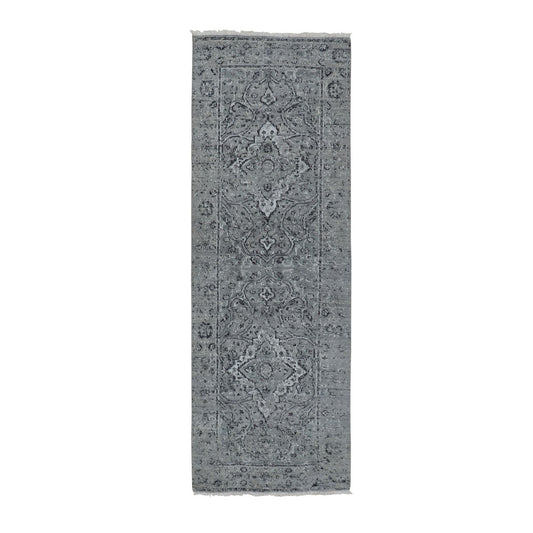 Transitional Wool & Silk Hand Knotted Rug Grey No Border  2.10X8.0 -O058022