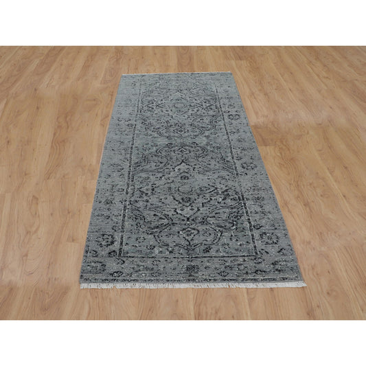 Transitional Wool & Silk Hand Knotted Rug Grey No Border  2.10X8.0 -O058022