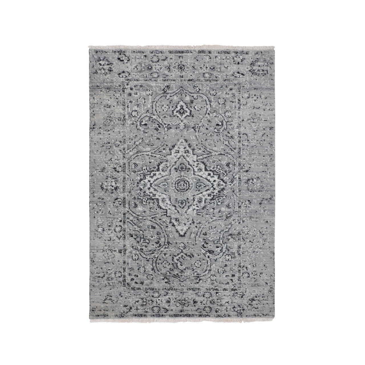Transitional Wool & Silk Hand Knotted Rug Grey No Border 3.1X5.1 -O058104