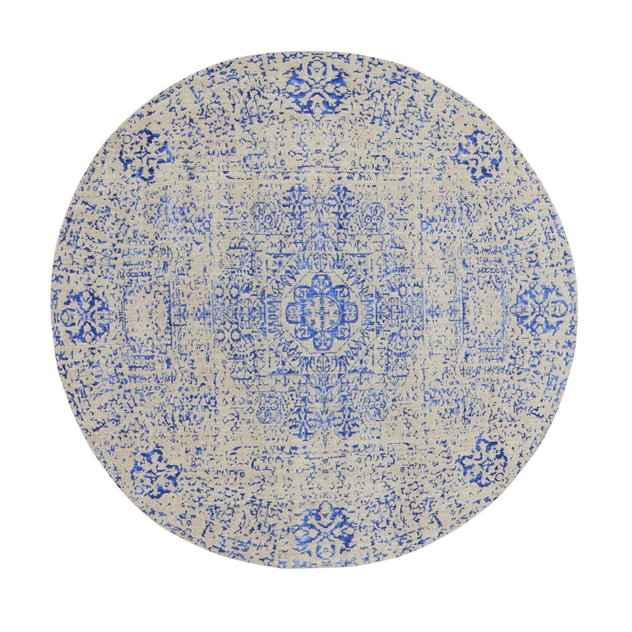 Mamluk Wool & Silk Hand Loomed Rug Blue No Border 8.0X8.0 -O058118