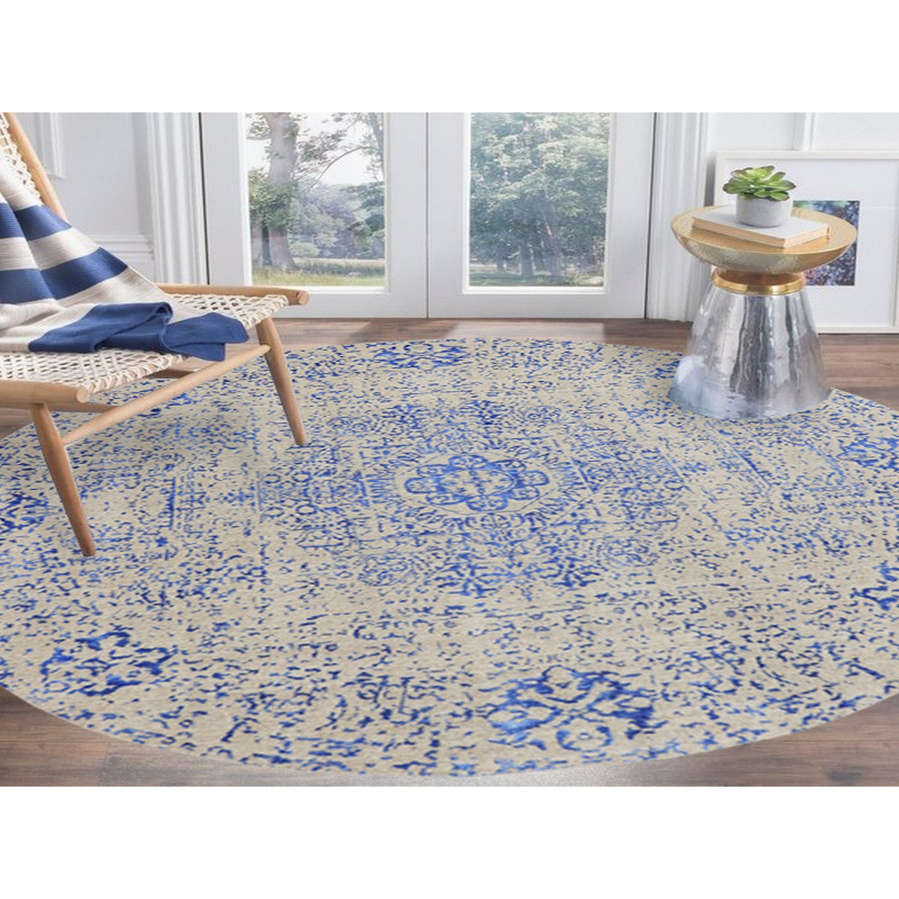 Mamluk Wool & Silk Hand Loomed Rug Blue No Border 8.0X8.0 -O058118