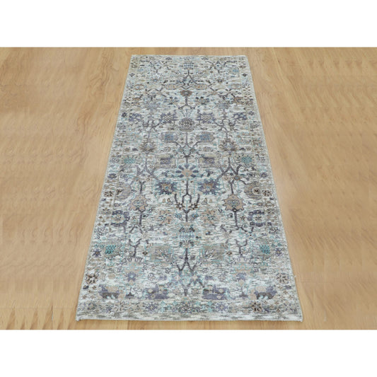 Transitional Wool & Silk Hand Knotted Rug Ivory No Border 2.6X6.2 -O058143