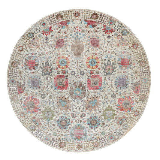Transitional Wool & Silk Hand Knotted Rug Ivory No Border 10.0X10.0 -O058174