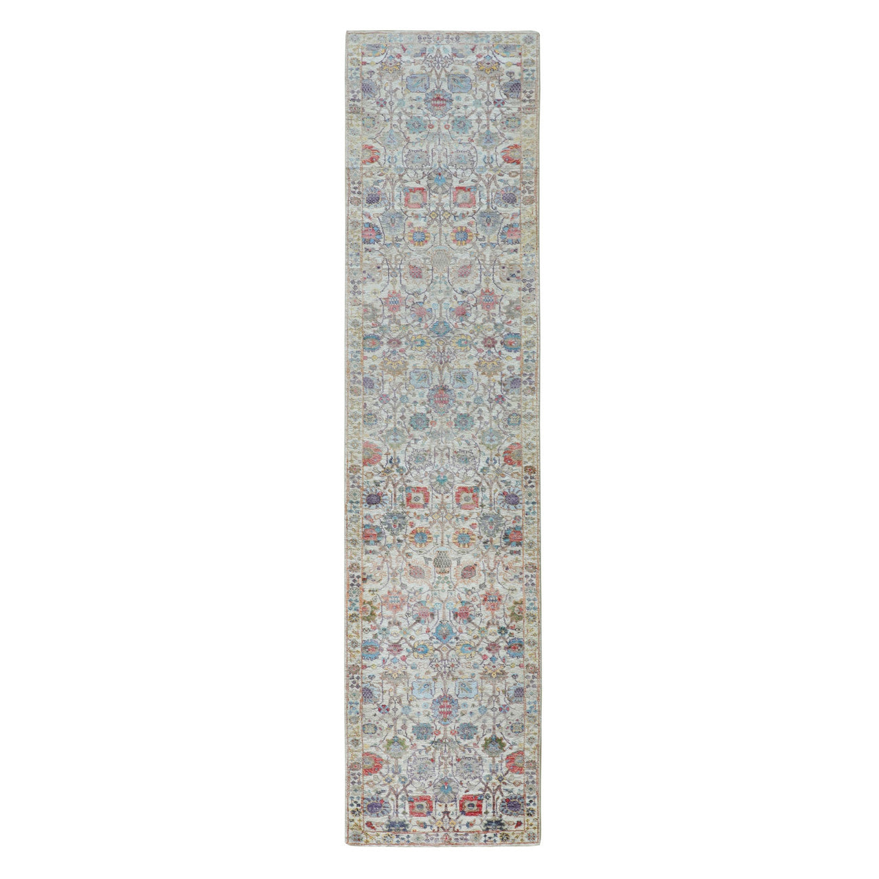 Transitional Wool & Silk Hand Knotted Rug Ivory No Border 2.7X12.0 -O058189
