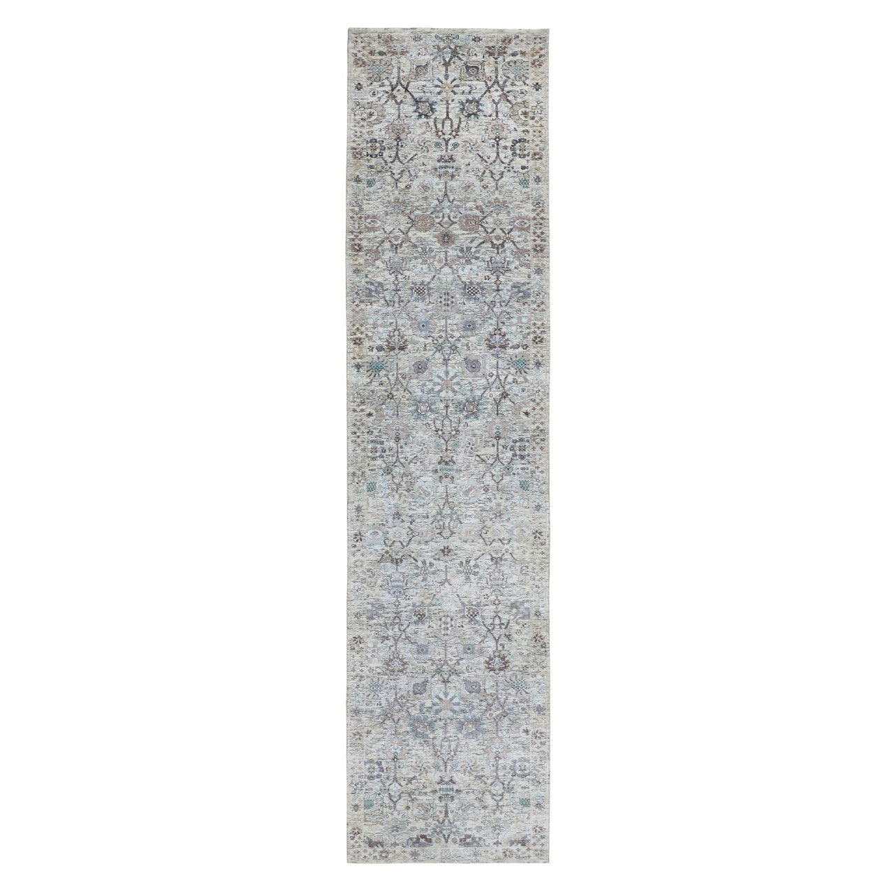 Transitional Wool & Silk Hand Knotted Rug Ivory No Border 2.5X12.0 -O058197