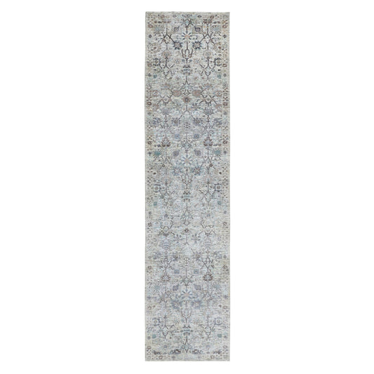 Transitional Wool & Silk Hand Knotted Rug Ivory No Border 2.5X12.0 -O058197