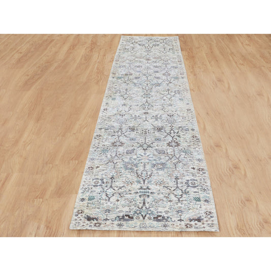 Transitional Wool & Silk Hand Knotted Rug Ivory No Border 2.5X12.0 -O058197