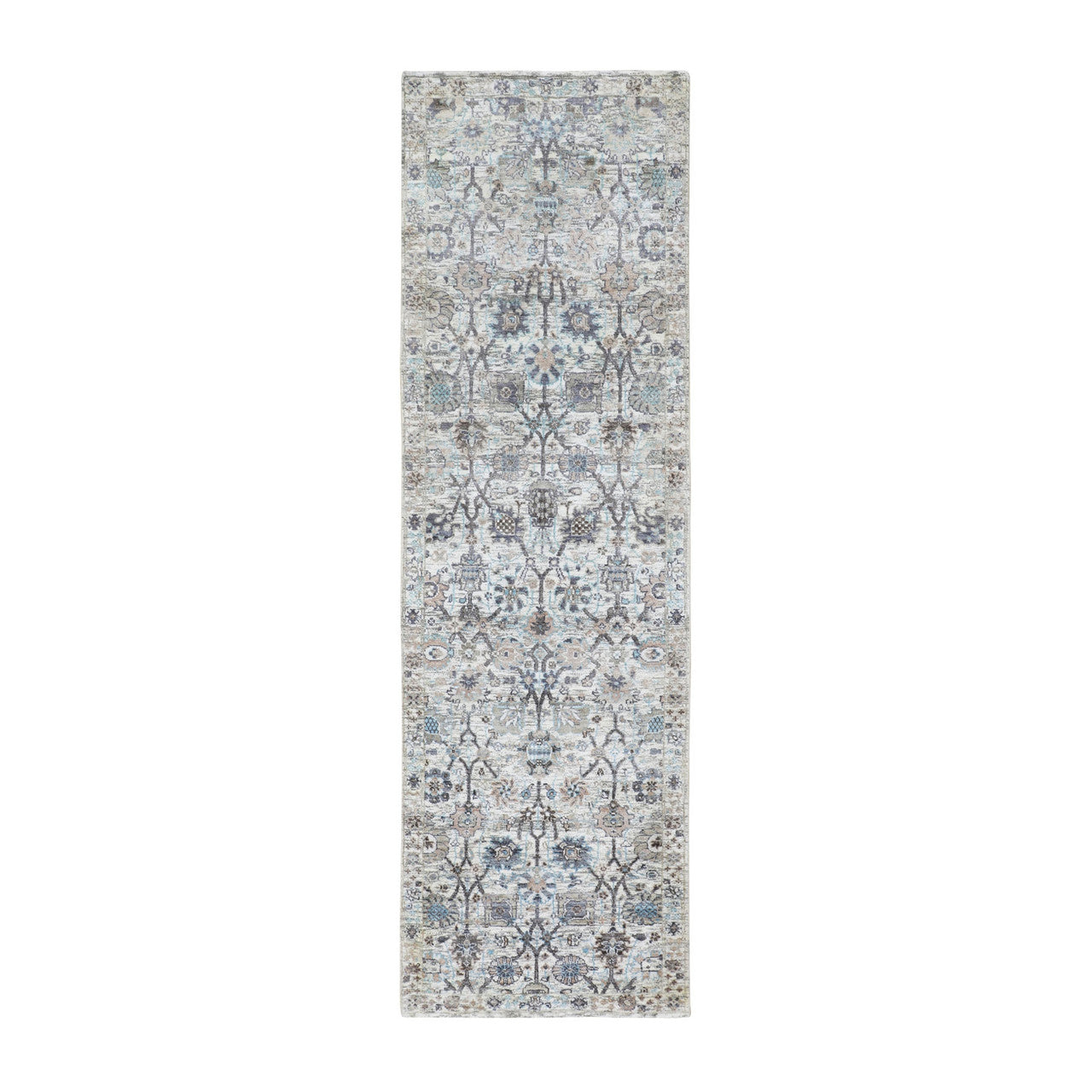 Transitional Wool & Silk Hand Knotted Rug Ivory No Border 2.5X8.0 -O058200