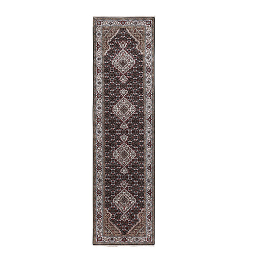 Fine Oriental Wool Hand Knotted Rug Black Ivory 2.8X10.1 -O058296