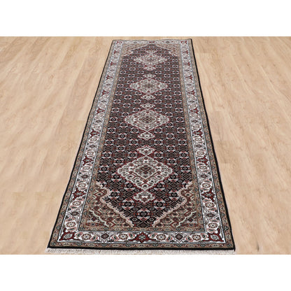 Fine Oriental Wool Hand Knotted Rug Black Ivory 2.8X10.1 -O058296