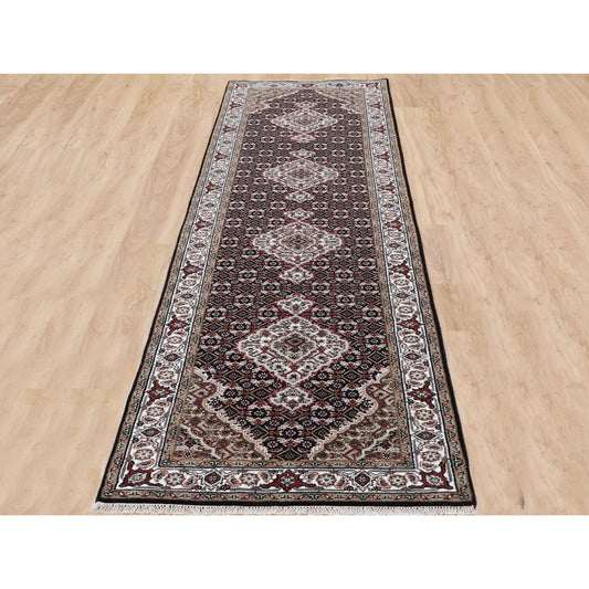 Fine Oriental Wool Hand Knotted Rug Black Ivory 2.8X10.1 -O058296