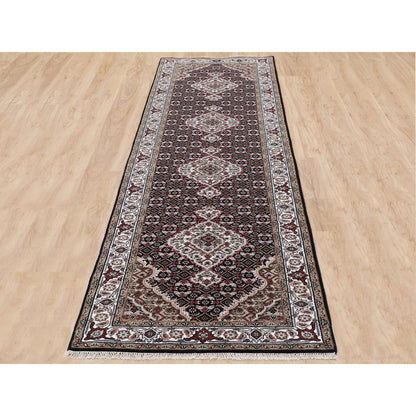 Fine Oriental Wool Hand Knotted Rug Black Ivory 2.8X10.1 -O058298