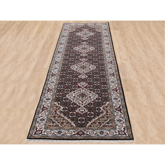 Fine Oriental Wool Hand Knotted Rug Black Ivory 2.8X10.1 -O058298
