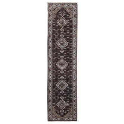 Fine Oriental Wool Hand Knotted Rug Black Ivory 2.9X12.1 -O058302