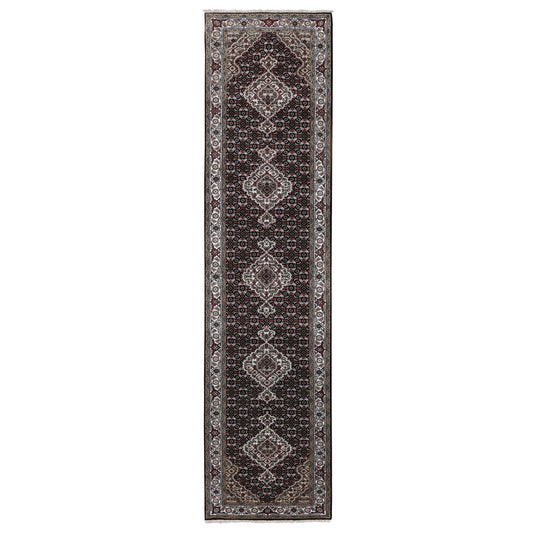 Fine Oriental Wool Hand Knotted Rug Black Ivory 2.9X12.1 -O058302