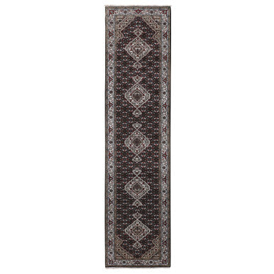 Fine Oriental Wool Hand Knotted Rug Black Ivory 2.9X12.1 -O058302