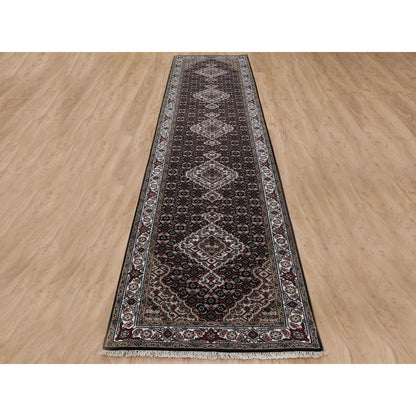 Fine Oriental Wool Hand Knotted Rug Black Ivory 2.9X12.1 -O058302