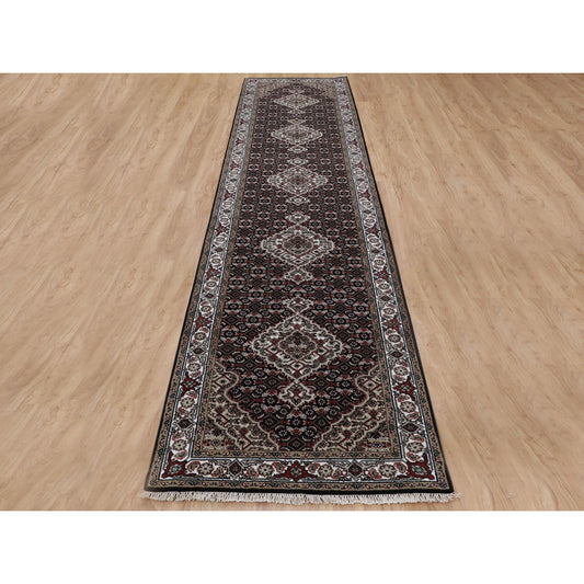 Fine Oriental Wool Hand Knotted Rug Black Ivory 2.9X12.1 -O058302