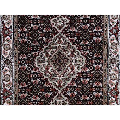 Fine Oriental Wool Hand Knotted Rug Black Ivory 2.9X12.1 -O058302