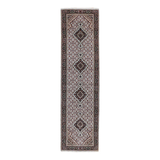 Fine Oriental Wool & Silk Hand Knotted Rug Ivory Black 2.8X10.1 -O058316
