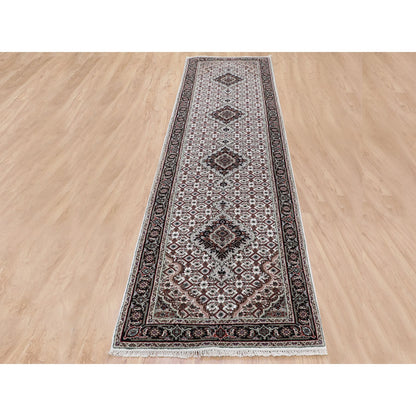 Fine Oriental Wool & Silk Hand Knotted Rug Ivory Black 2.8X10.1 -O058316
