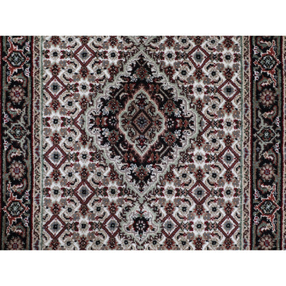 Fine Oriental Wool & Silk Hand Knotted Rug Ivory Black 2.8X10.1 -O058316