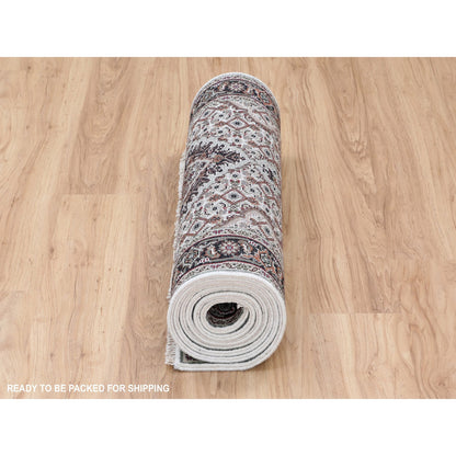 Fine Oriental Wool & Silk Hand Knotted Rug Ivory Black 2.8X10.1 -O058316