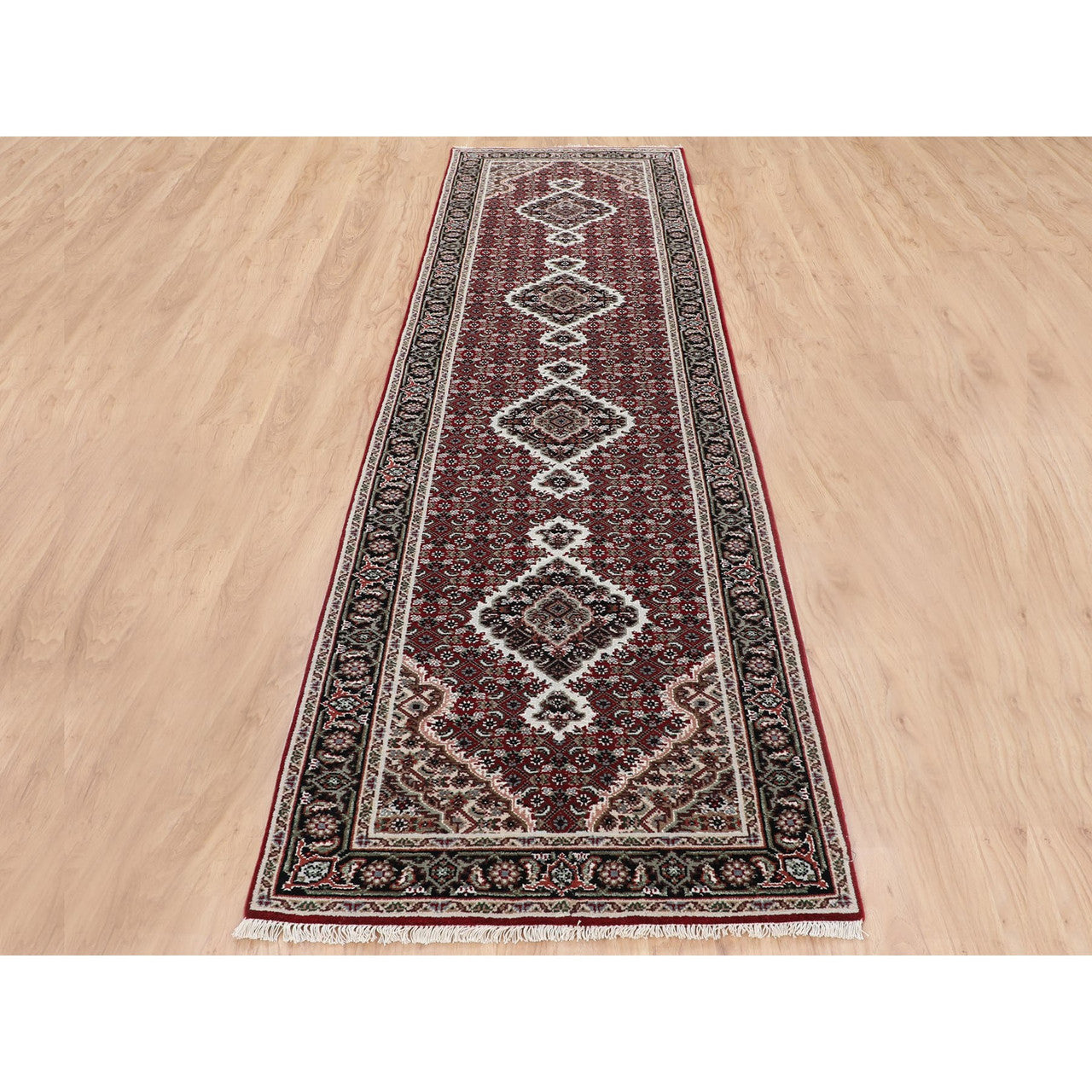 Fine Oriental Wool Hand Knotted Rug Red Black 2.8X10.1 -O058319