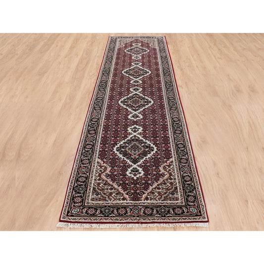 Fine Oriental Wool Hand Knotted Rug Red Black 2.8X10.1 -O058319