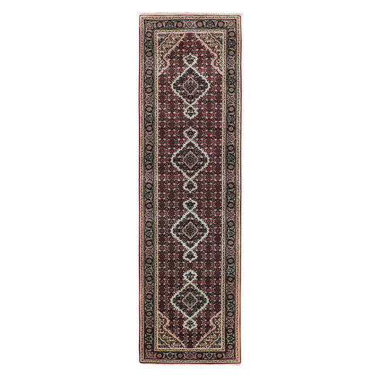 Fine Oriental Wool Hand Knotted Rug Red Black 2.8X10.2 -O058322