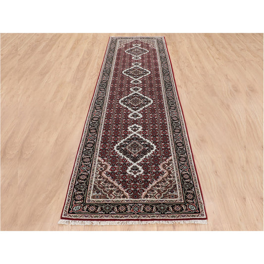 Fine Oriental Wool Hand Knotted Rug Red Black 2.8X10.2 -O058322