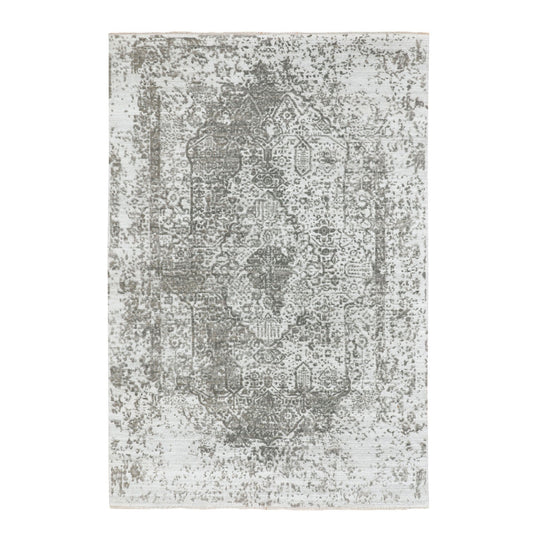 Transitional Wool & Pure Silk Hand Knotted Rug Grey No Border 6.0X9.0 -O058339