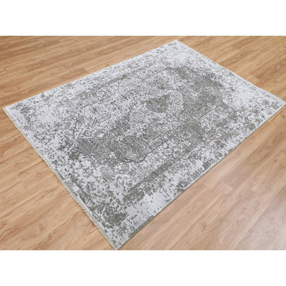 Transitional Wool & Pure Silk Hand Knotted Rug Grey No Border 6.0X9.0 -O058339