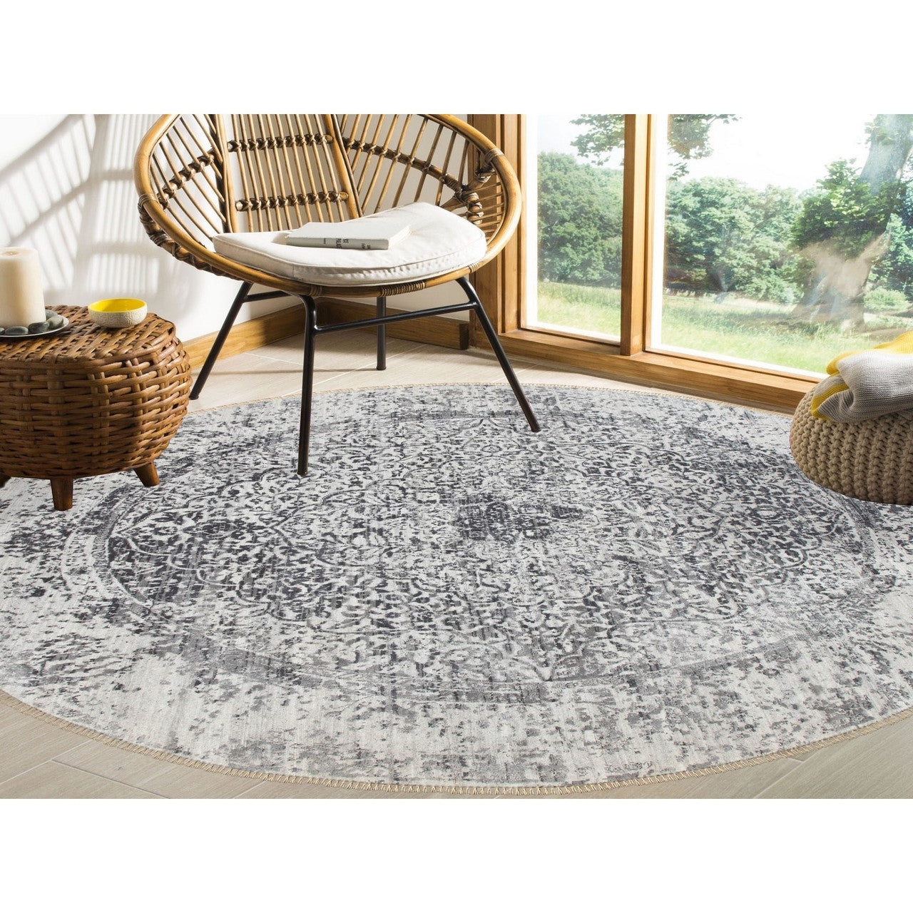 Transitional Wool & Pure Silk Hand Knotted Rug Grey No Border 8.0X8.0 -O058385