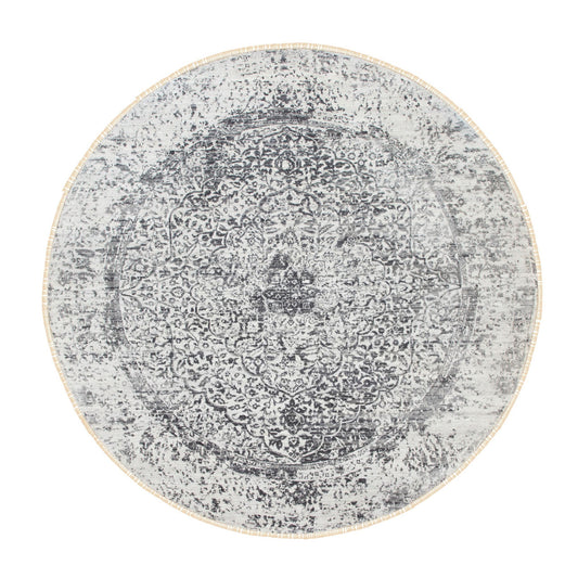 Modern and Contemporary Wool & Pure Silk Hand Knotted Rug Grey No Border 7.0X7.0 -O058408
