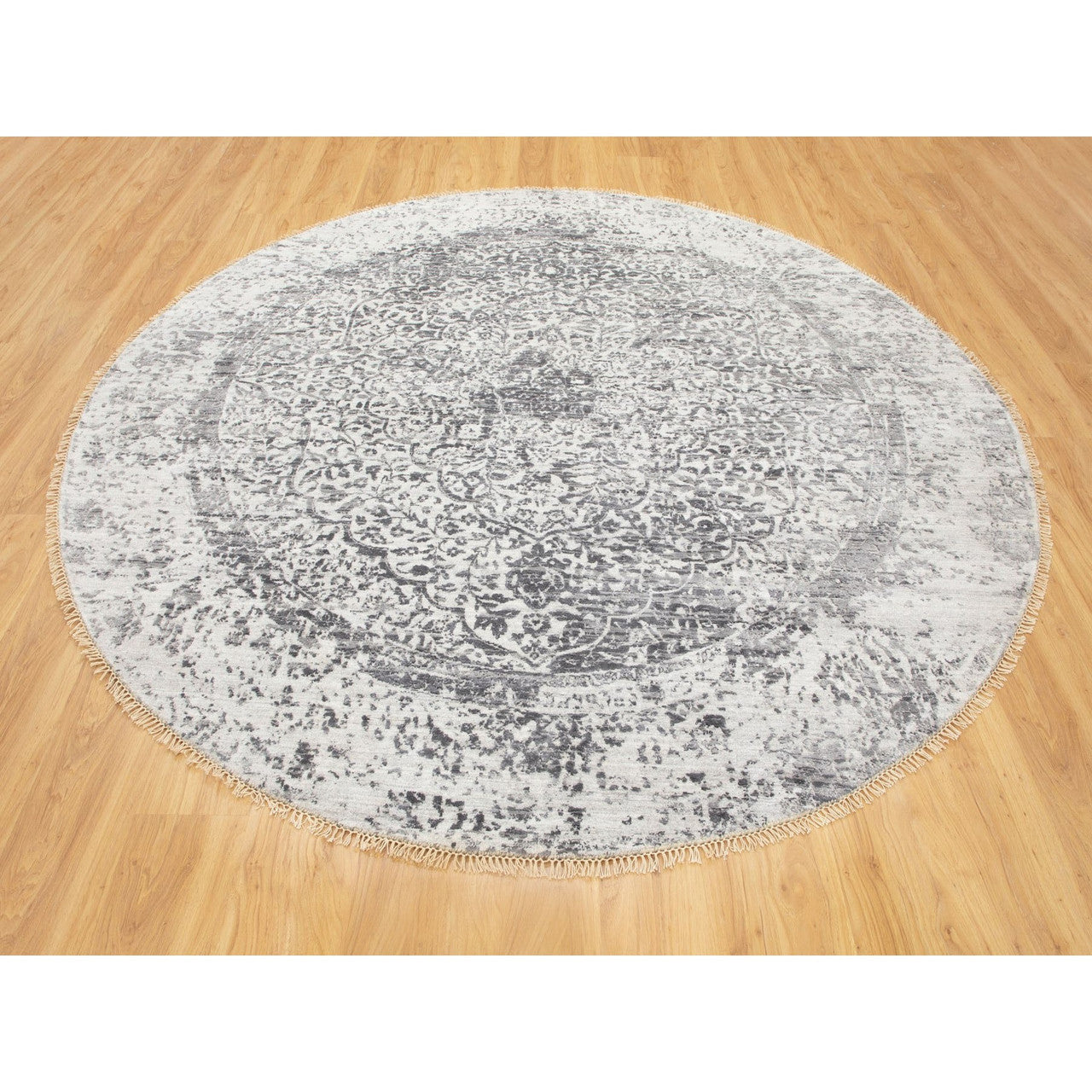 Modern and Contemporary Wool & Pure Silk Hand Knotted Rug Grey No Border 7.0X7.0 -O058408