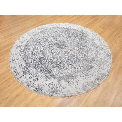 Modern and Contemporary Wool & Pure Silk Hand Knotted Rug Grey No Border 7.0X7.0 -O058408