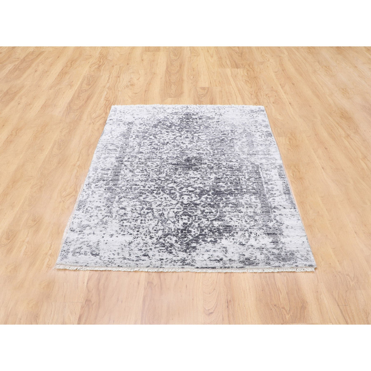 Transitional Wool & Pure Silk Hand Knotted Rug Grey No Border 3.0X5.1 -O058416