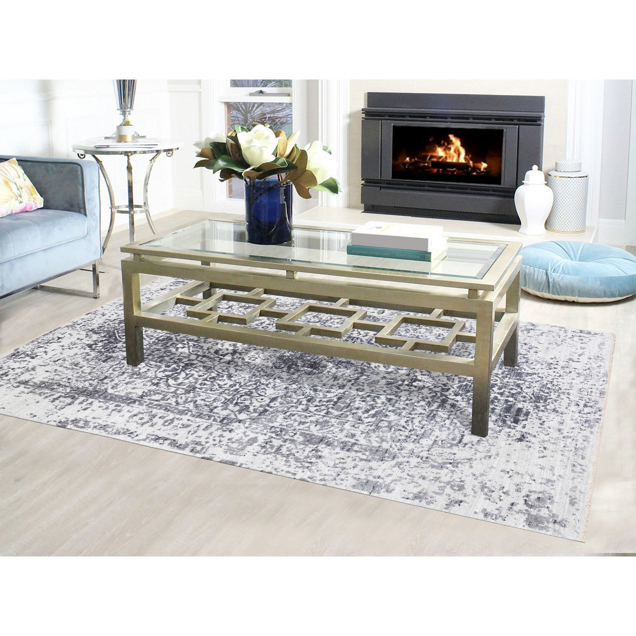 Transitional Wool & Pure Silk Hand Knotted Rug Grey No Border 6.0X9.2 -O058423
