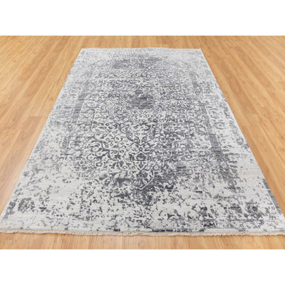 Transitional Wool & Pure Silk Hand Knotted Rug Grey No Border 6.0X9.2 -O058423