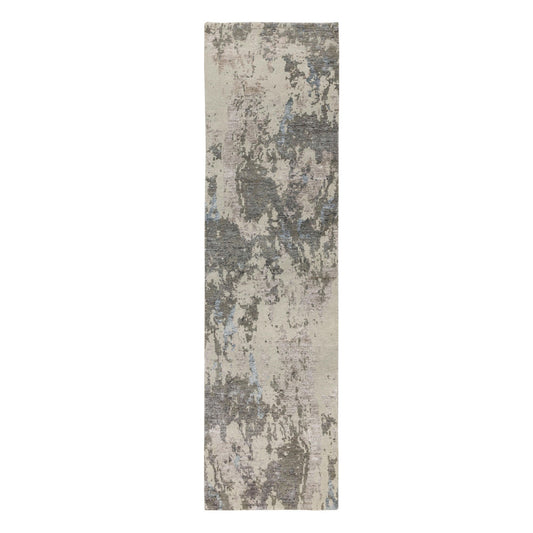 Modern and Contemporary Wool & Silk Hand Knotted Rug Grey No Border 2.8X10.0 -O058448