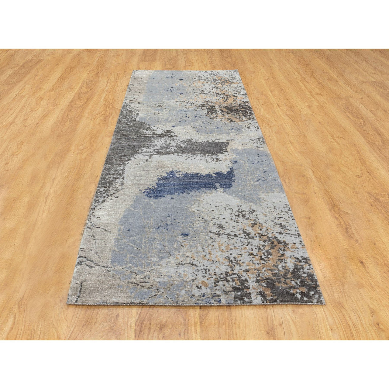 Modern and Contemporary Wool & Silk Hand Knotted Rug Grey No Border 2.9X9.8 -O058455